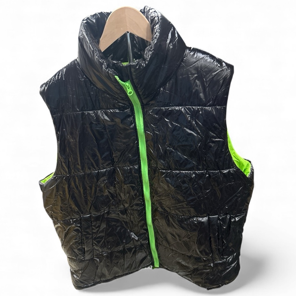 Shiny Black Puffer Vest with Neon Green Accents-Unisex-XXL-NWOT-Pockets